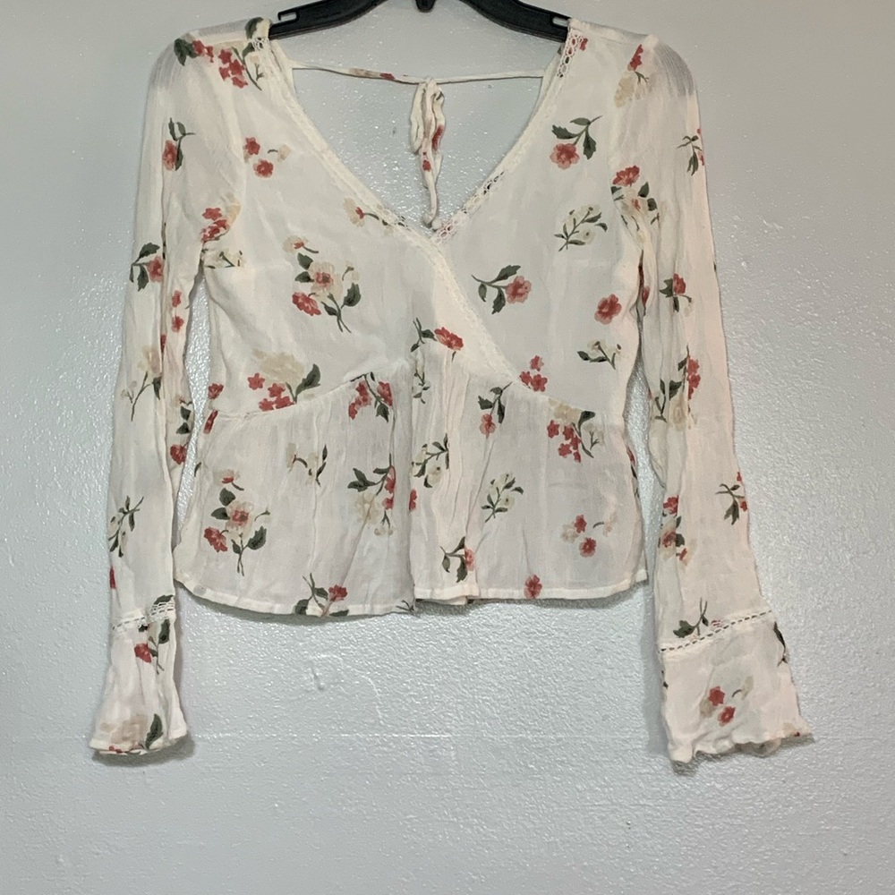 Hollister White Floral Blouse with Red and Green Accents